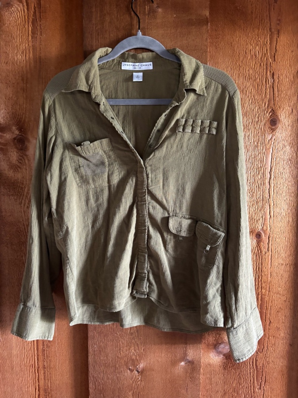 Josephine Chaus Petite Linen Cotton Utility Cargo Button Down Shirt Green M PM
